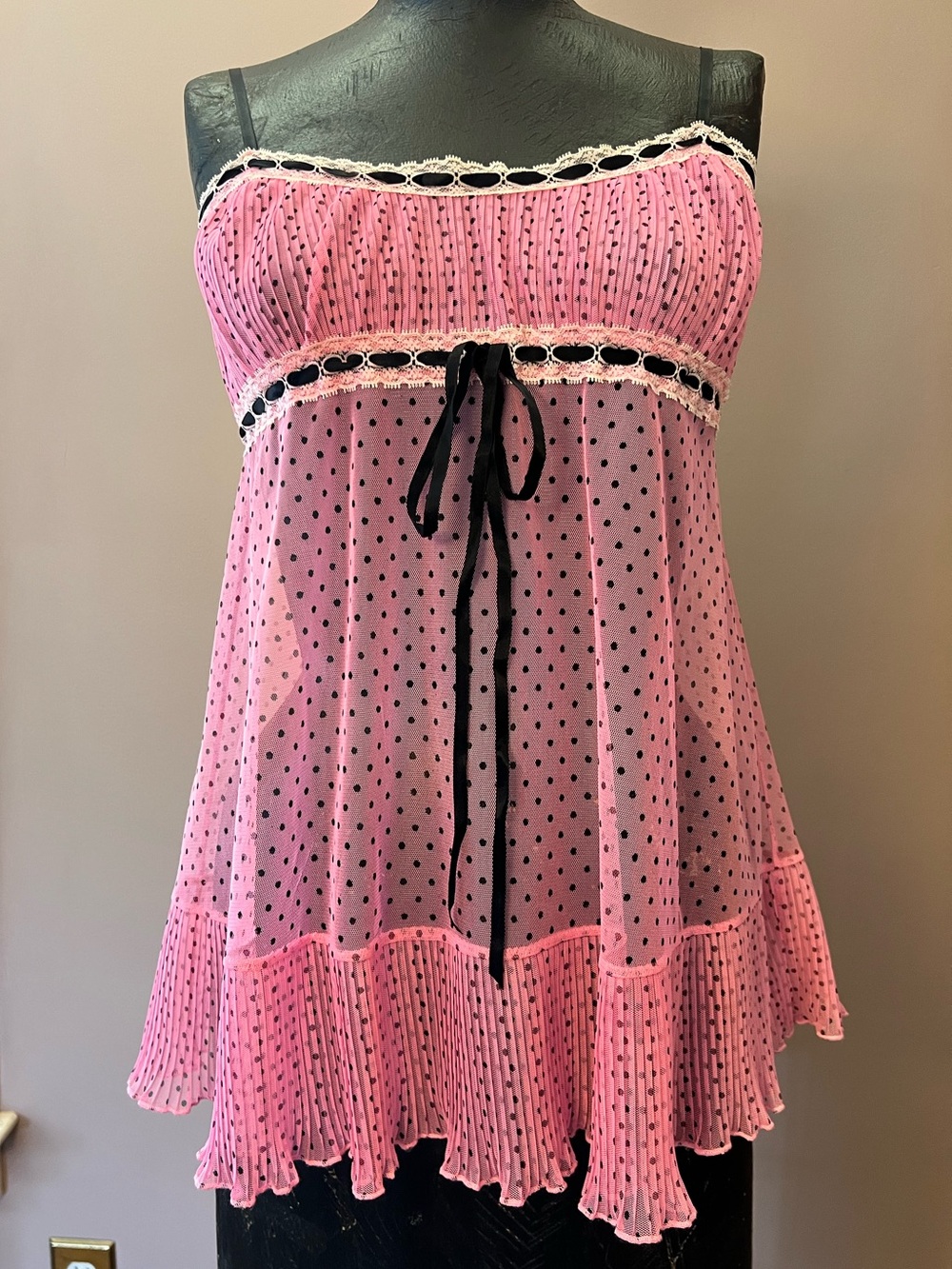 Y2K Victoria’s Secret Pink Polka Dot Sheer Ribbon Lingerie Babydoll Top XS